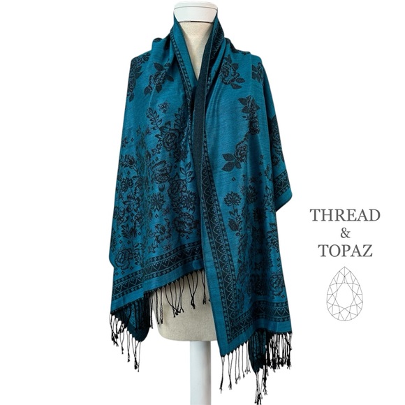 Blue & Black Rose Pattern Pashmina Scarf - Picture 1 of 6